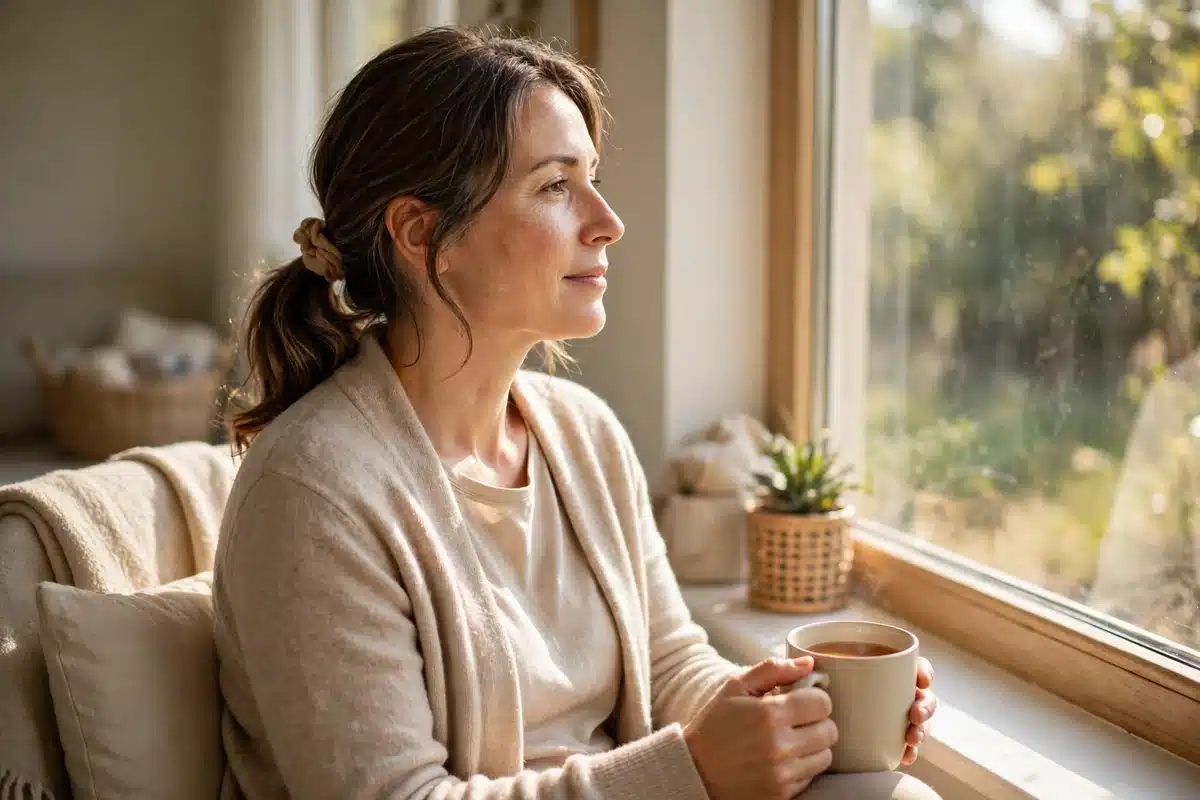 A woman caregiver resting quietly with a cup of tea beside a sunny window.