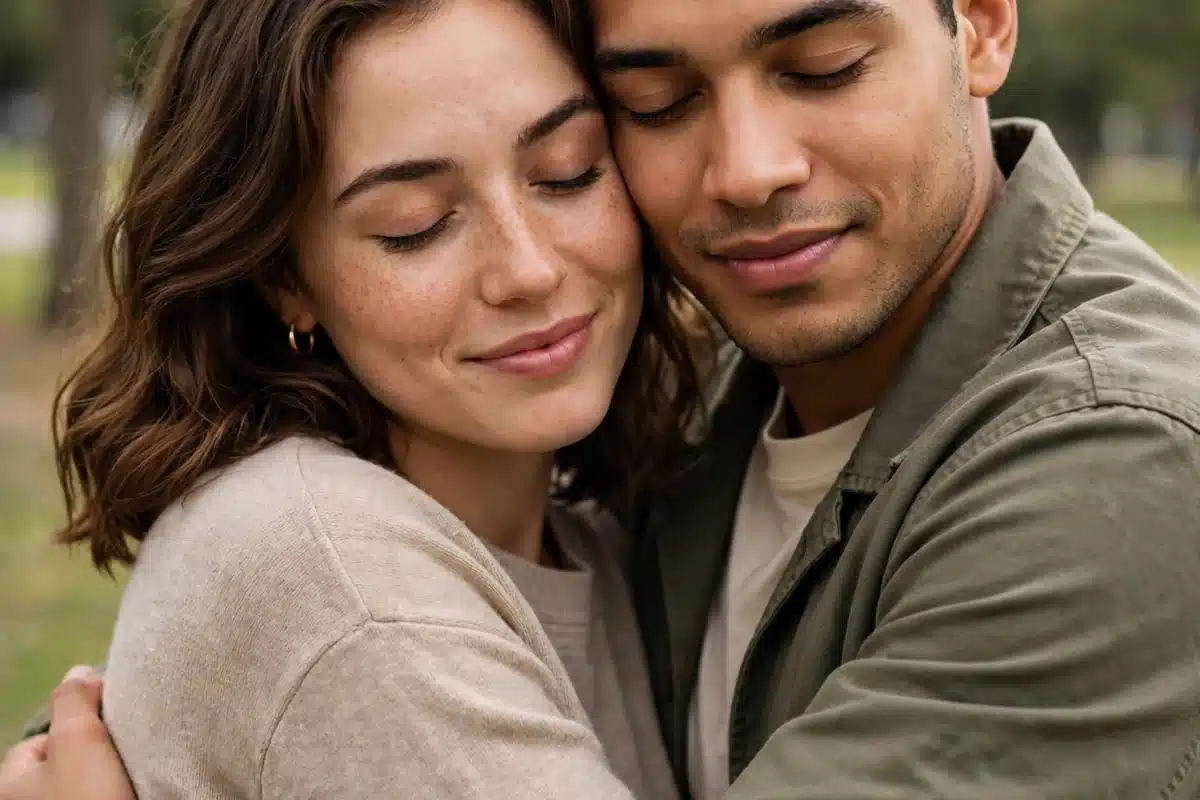 Two friends sharing a warm, supportive embrace outdoors in soft daylight.