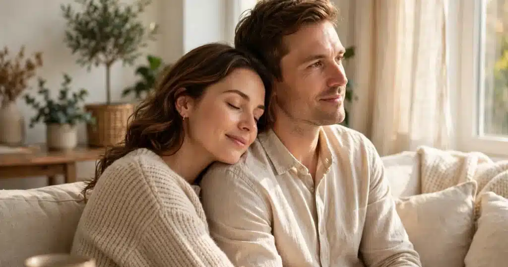 A caring couple sitting close together on a sofa in warm natural window light.