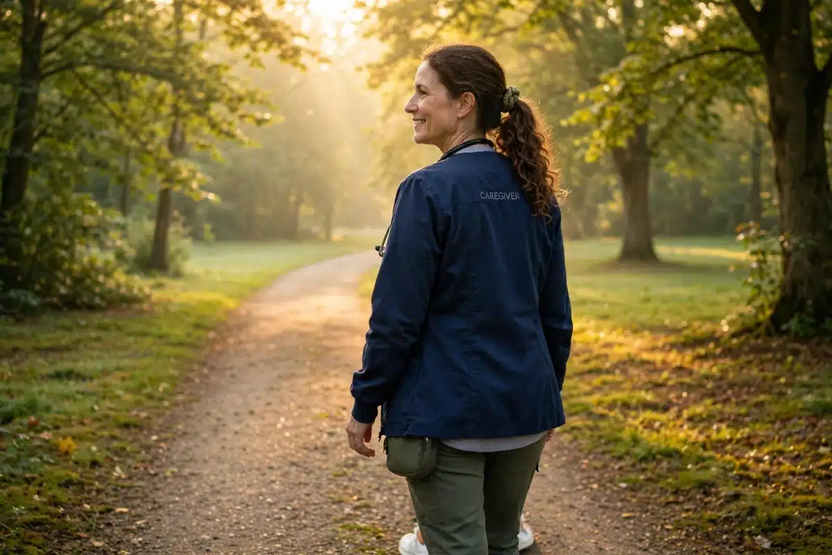 A caregiver taking a peaceful solo walk along a sunlit park path in the morning