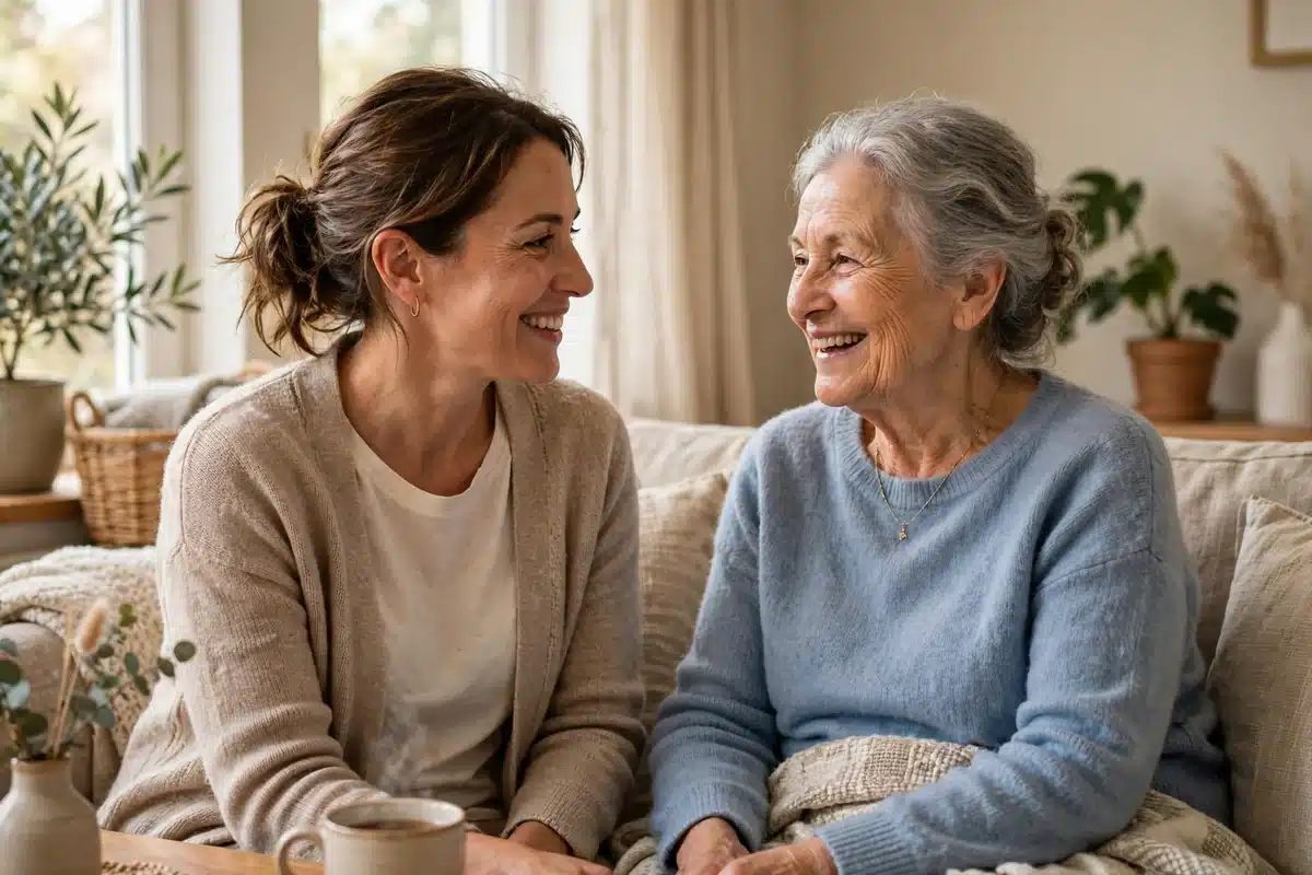 A caregiver and her older loved one smiling warmly together at home