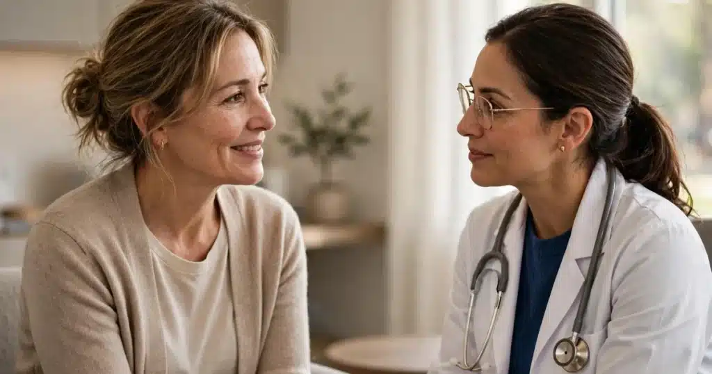 A woman caregiver in a warm, reassuring conversation with her own doctor in a bright clinic room