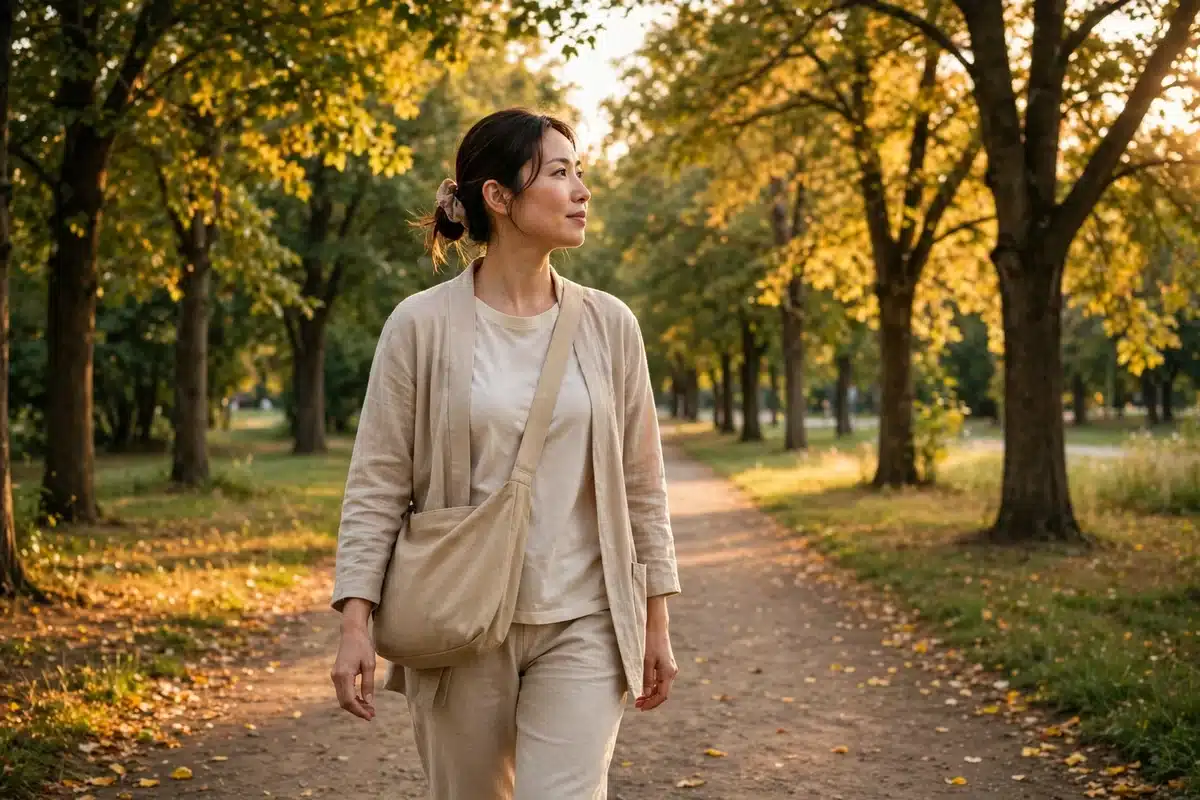 A woman caregiver taking a peaceful walk alone on a tree-lined path in soft daylight