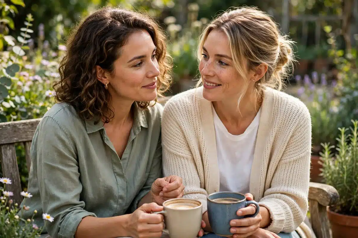 Two close friends sharing a warm conversation over coffee in a sunny garden
