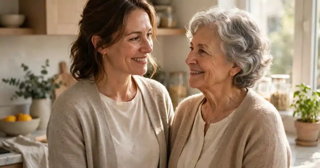 A woman caregiver and her older loved one smiling warmly at each other at home