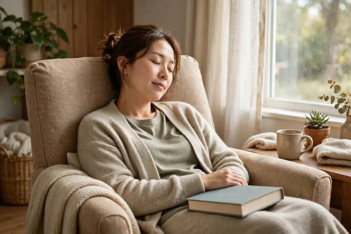 A caregiver resting peacefully in a cozy armchair by a sunlit window, eyes closed, with a book resting on her lap