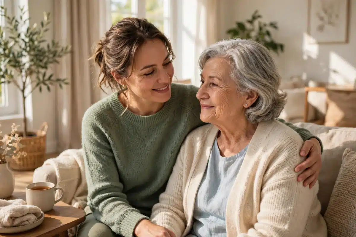 A younger caregiver and an older loved one sitting side by side in a sunlit living room, sharing a warm and gentle moment