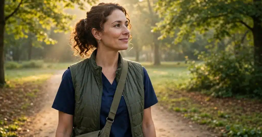 A woman caregiver taking a peaceful early-morning walk on a sunlit park path, looking calm and hopeful among green trees in golden light