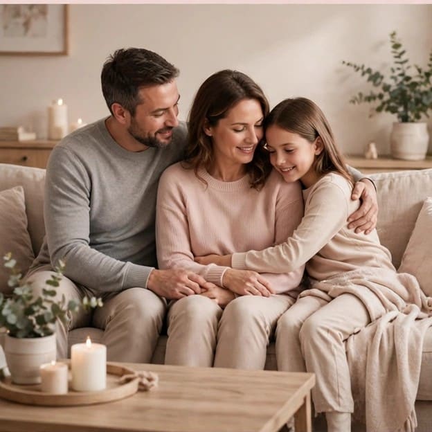A family sitting close together on a sofa supporting a woman at home
