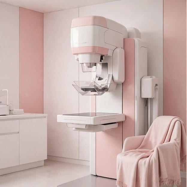 A modern mammogram machine in a soft pink and white screening room