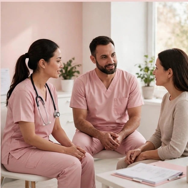 A medical team in pink scrubs talking kindly with a patient in a bright clinic