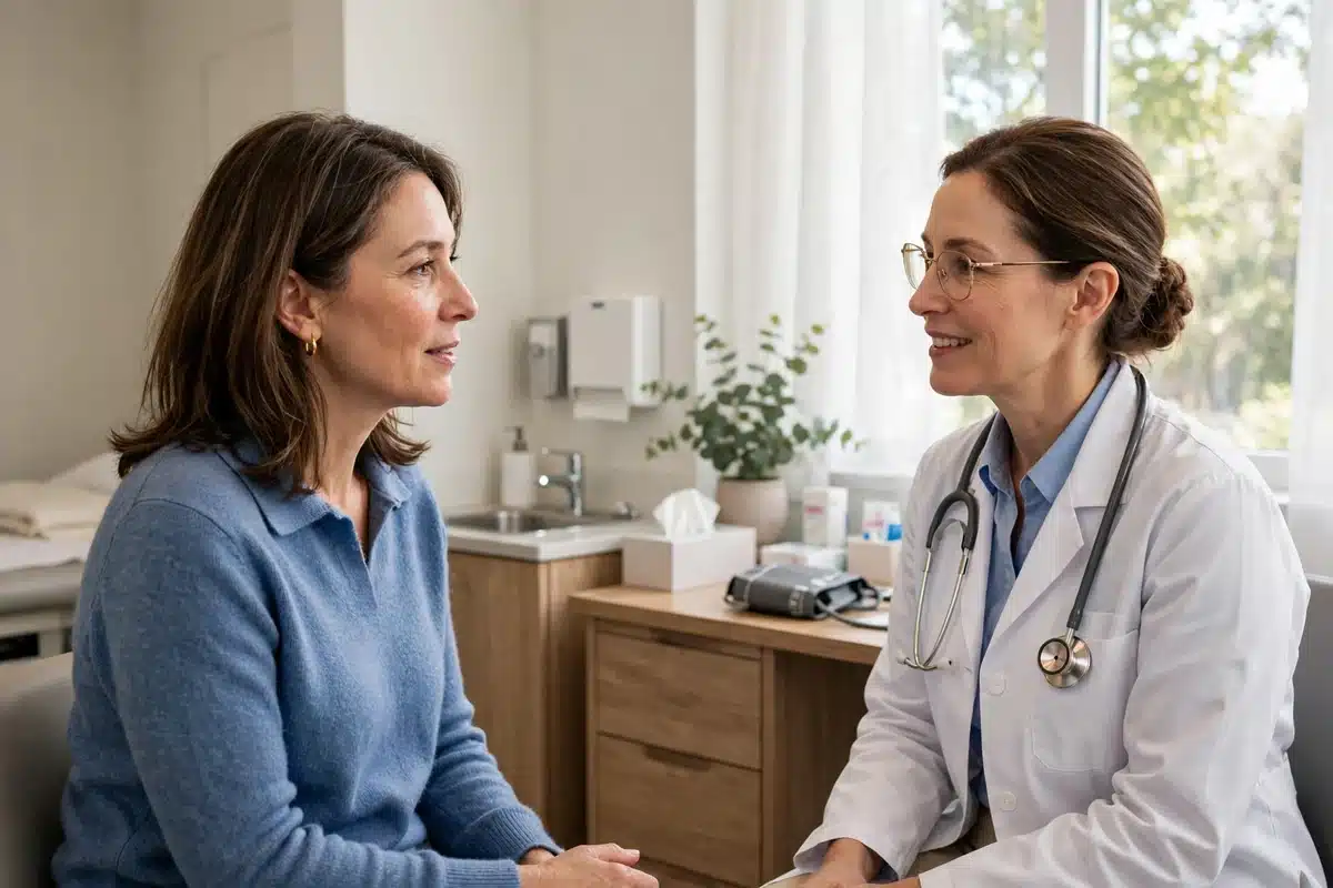Photo of a woman in her 40s talking with a female doctor in a bright clinic consultation room, calm, natural window light