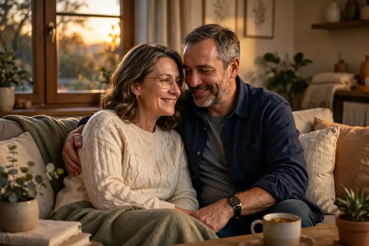 Photo of a couple in their 50s sitting close together on a sofa at home, affectionate, warm evening light