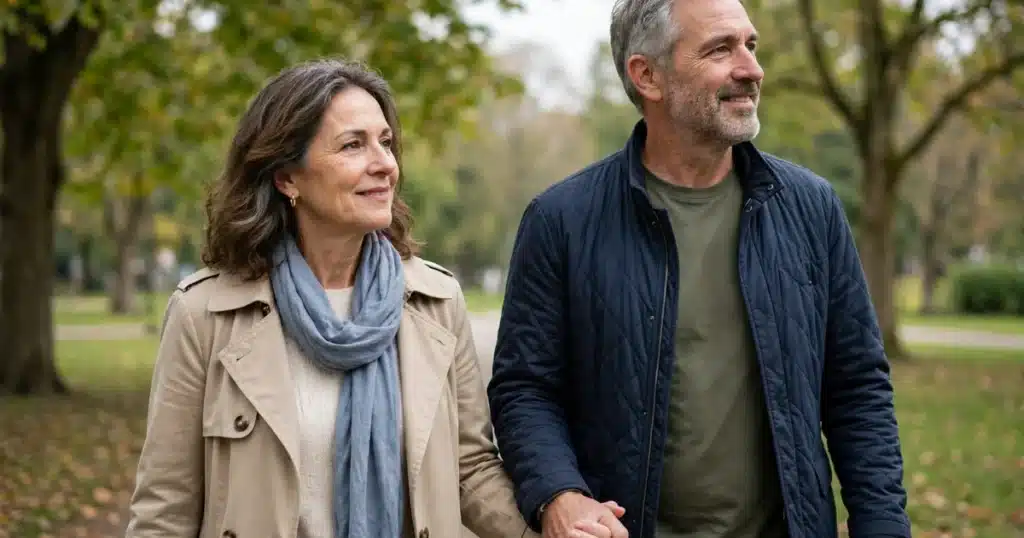 Photo of a couple in their 50s holding hands on a walk in a park, tender, soft daylight