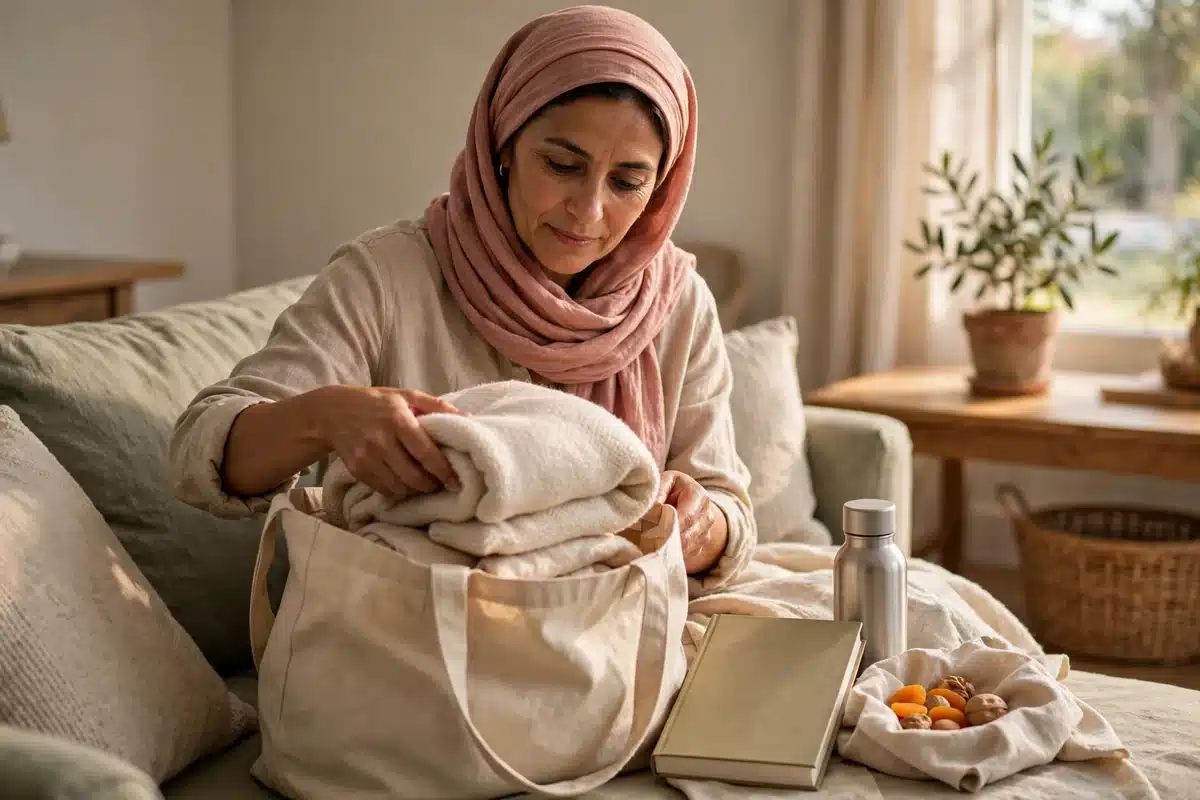 Photo of a woman packing a tote bag with a blanket, book, and water bottle on her couch