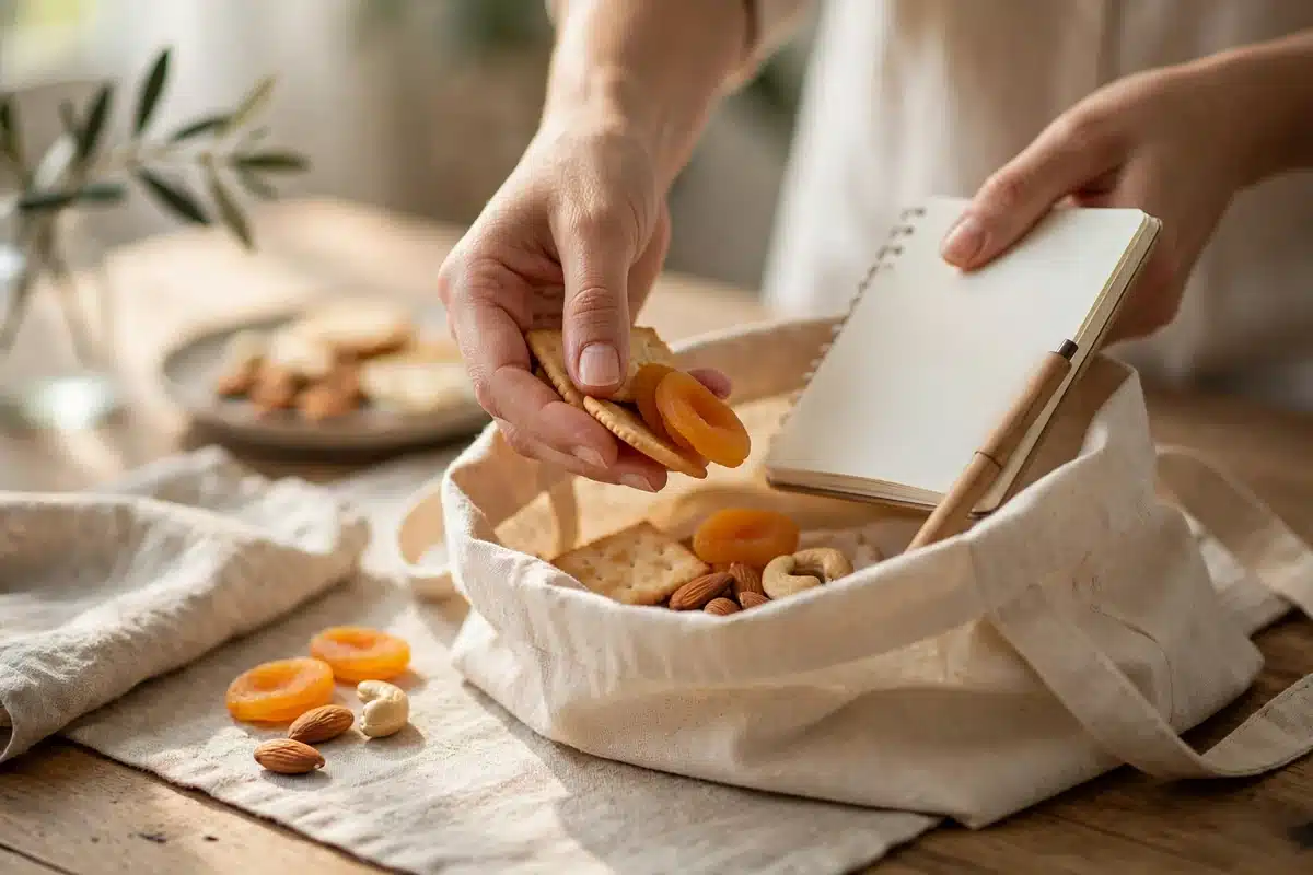 Photo of a woman's hands placing snacks and a notebook into a canvas tote bag