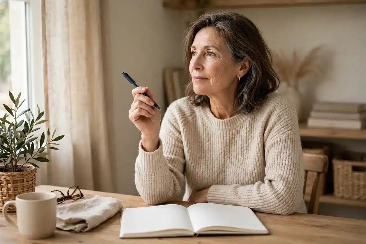 Photo of a woman in her late 50s sitting at a desk at home with a plain notebook open in front of her, pausing mid-thought with a pen in her hand in soft daylight