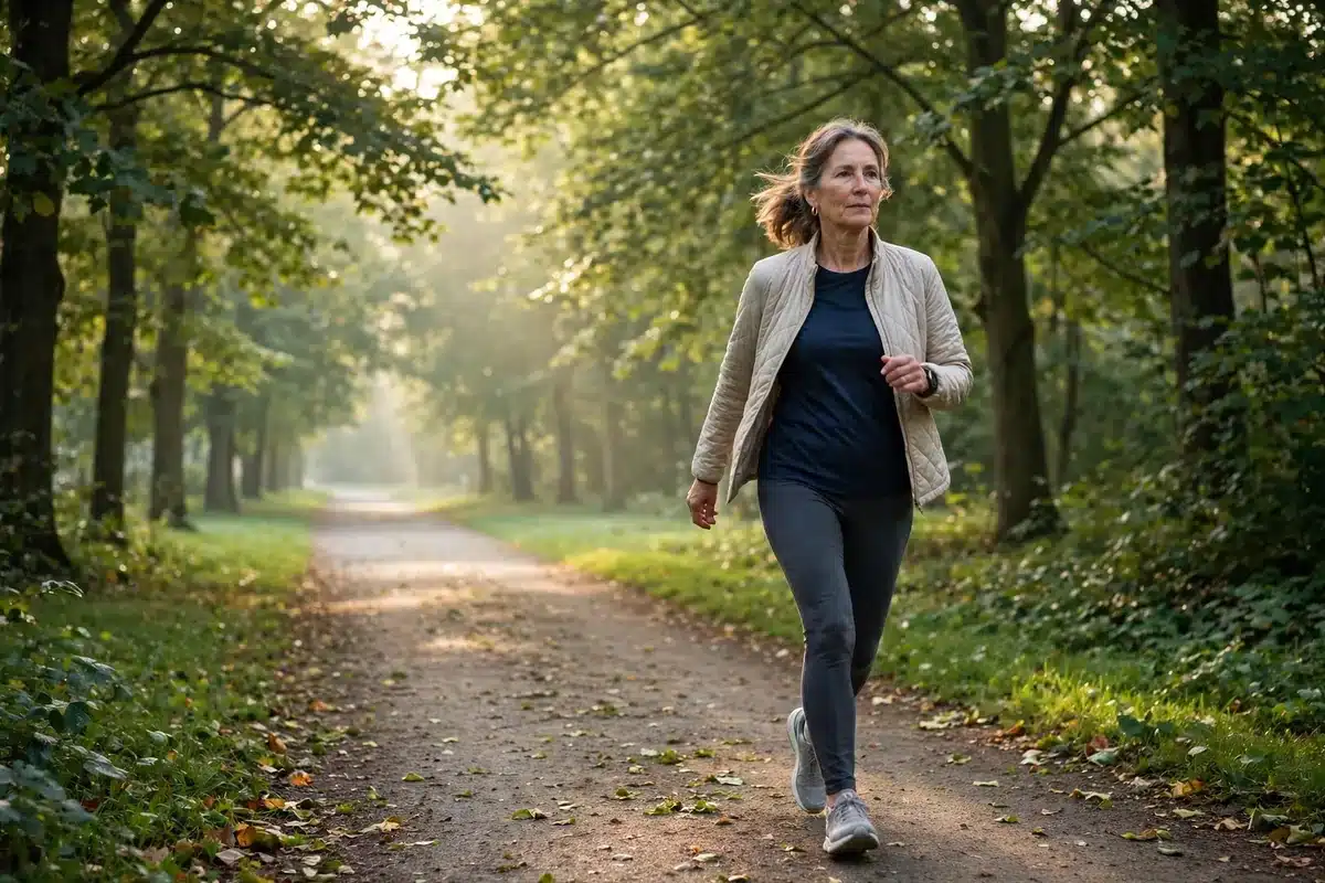 Photo of a woman in her late 50s taking a brisk walk along a tree-lined path in soft morning light, clearing her head