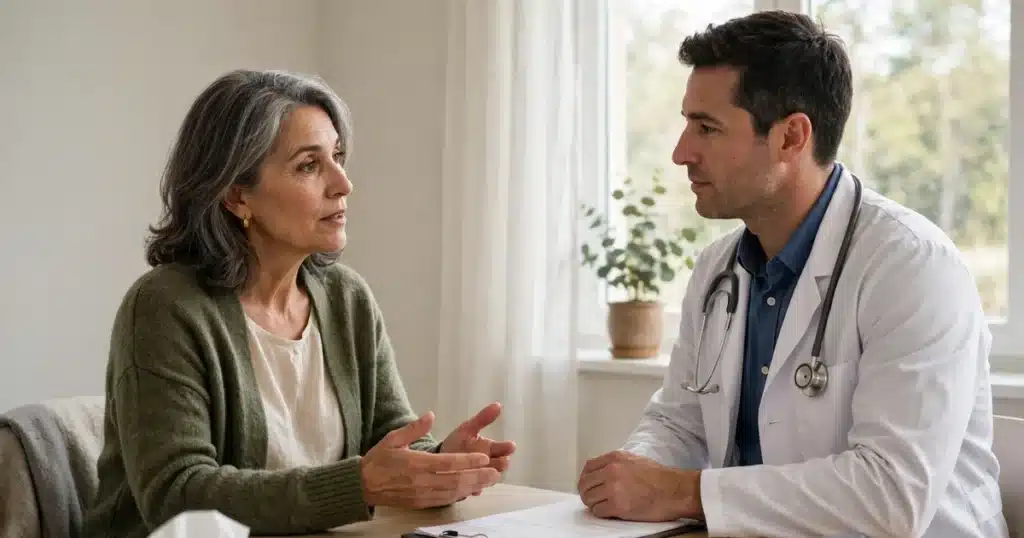 Photo of a woman in her late 50s talking with her doctor in a bright clinic room about her memory and concentration at a follow-up visit, calm and unhurried