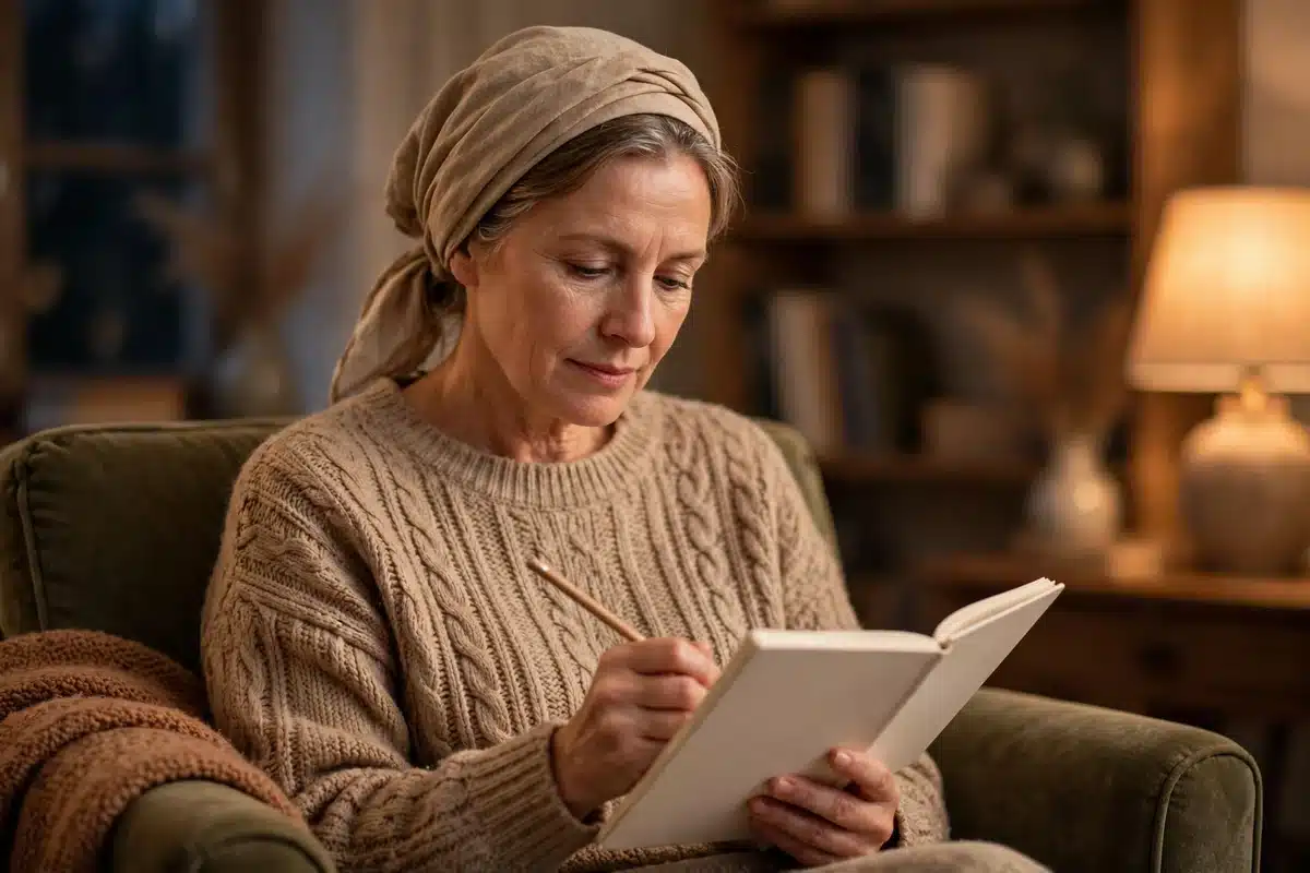 Photo of a woman in her 50s wearing a soft headscarf, writing in a plain notebook in a cozy armchair at home in warm lamplight