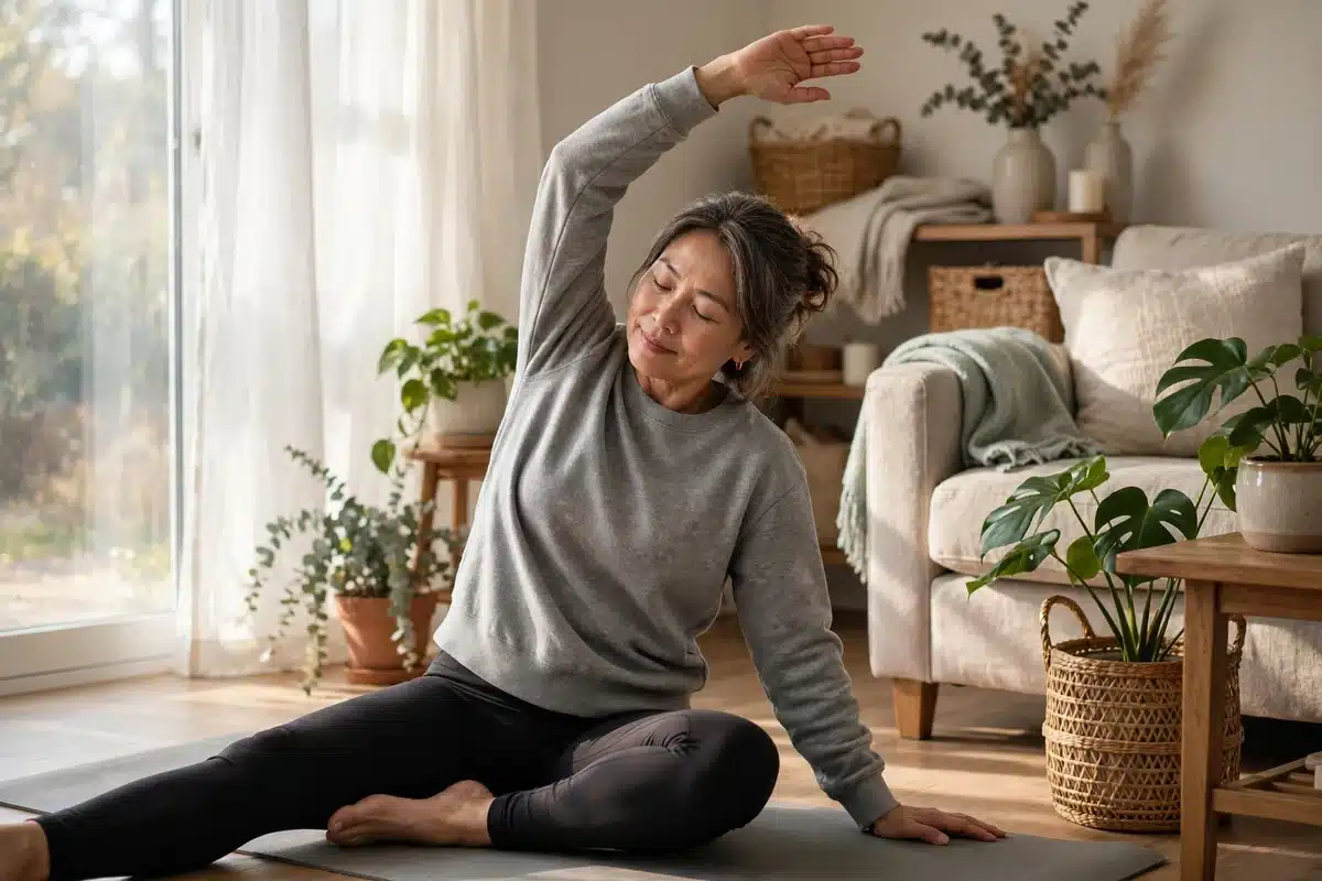 Photo of a woman in her 50s doing gentle stretching exercises on a mat in a bright living room at home in soft morning light