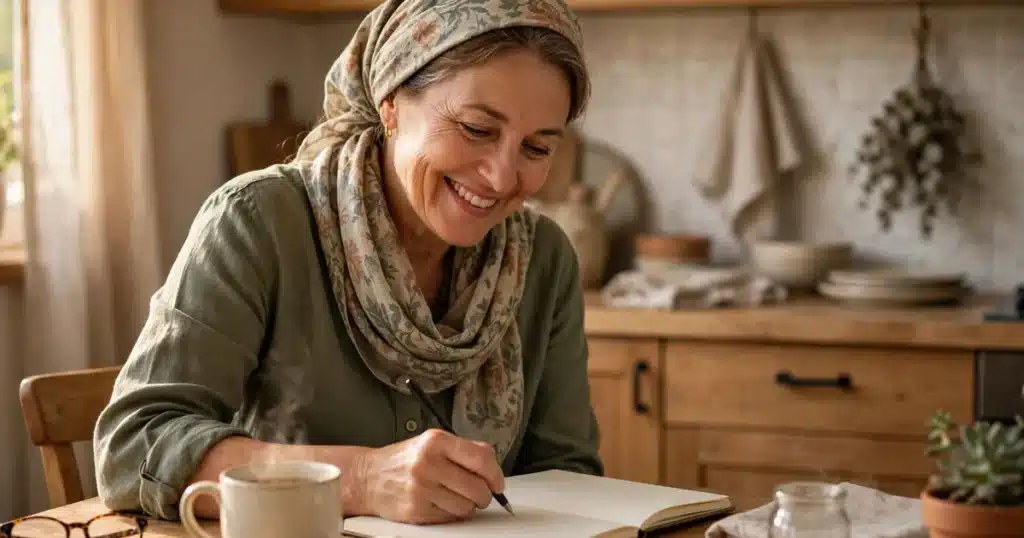 Photo of a woman in her 50s wearing a soft headscarf, writing in a plain notebook at her kitchen table at home in warm morning light