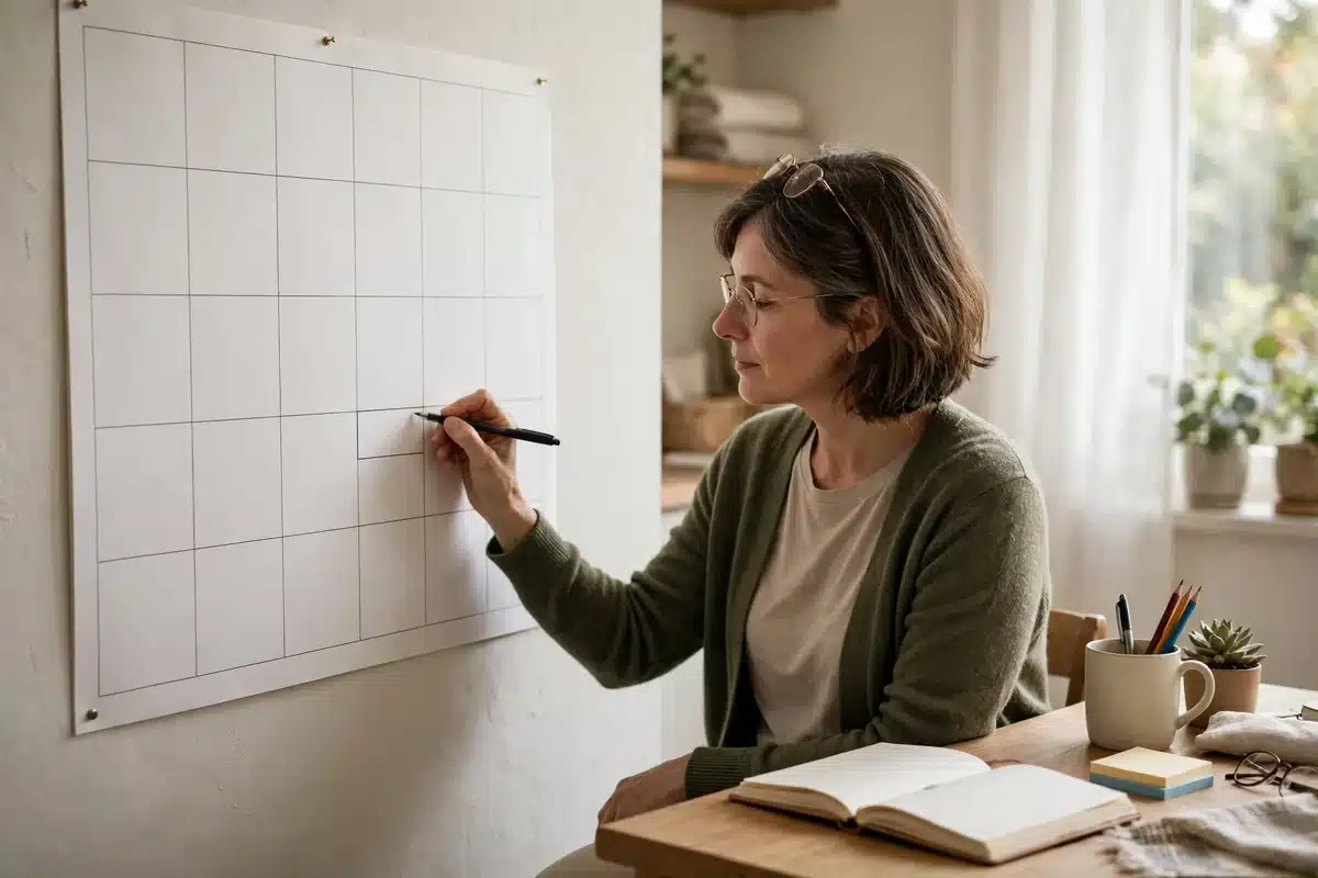 Photo of a woman in her 40s at home marking a plain blank wall calendar grid with a pen beside a small desk planner, planning her week, organised calm mood, soft daylight