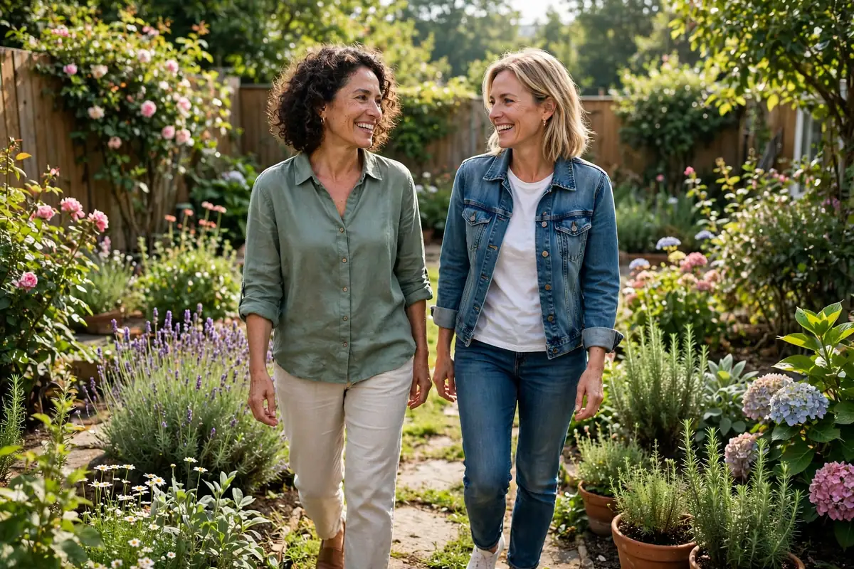 Photo of a woman in her 40s taking a gentle walk in her sunny back garden with a close friend, both smiling, plants and flowers around them, bright fresh morning light, hopeful mood
