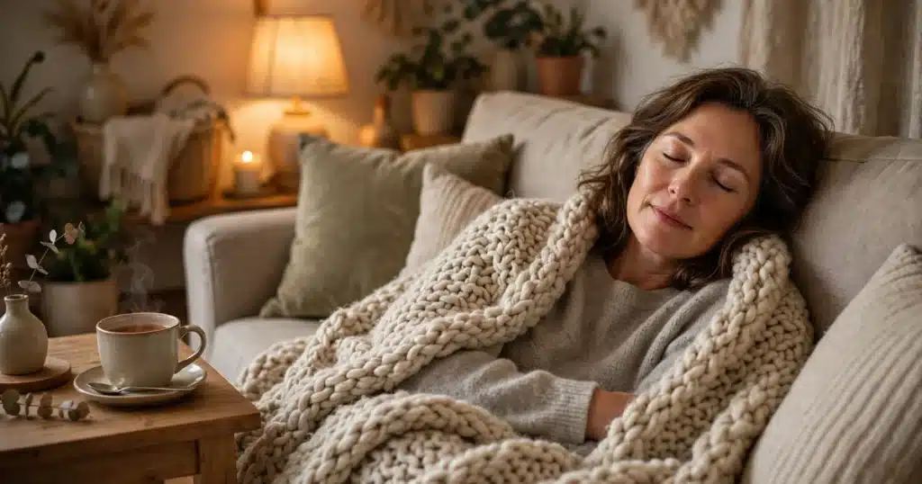 Photo of a woman in her 40s resting on a sofa at home under a soft knitted blanket, a cup of tea on the side table, calm restful mood in warm light