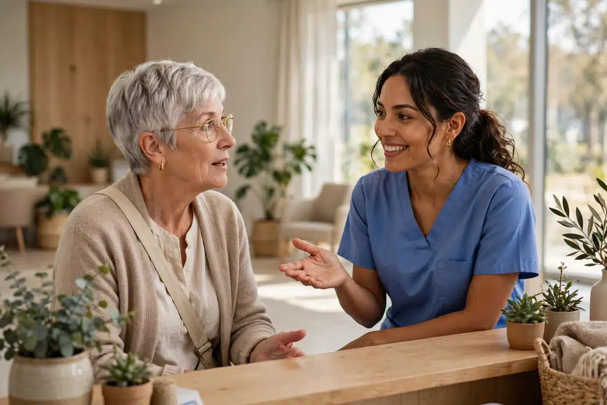 Photo of a woman asking a nurse a question at a clinic reception desk