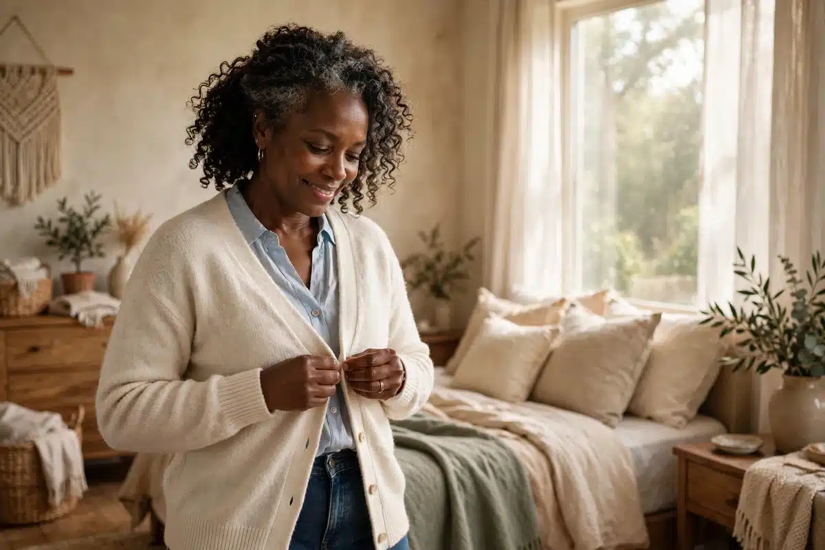 Photo of a woman getting dressed in a soft cardigan at home in morning light