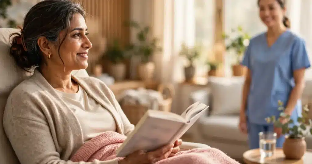 Photo of a smiling woman resting in a comfortable treatment chair with a soft blanket and a book