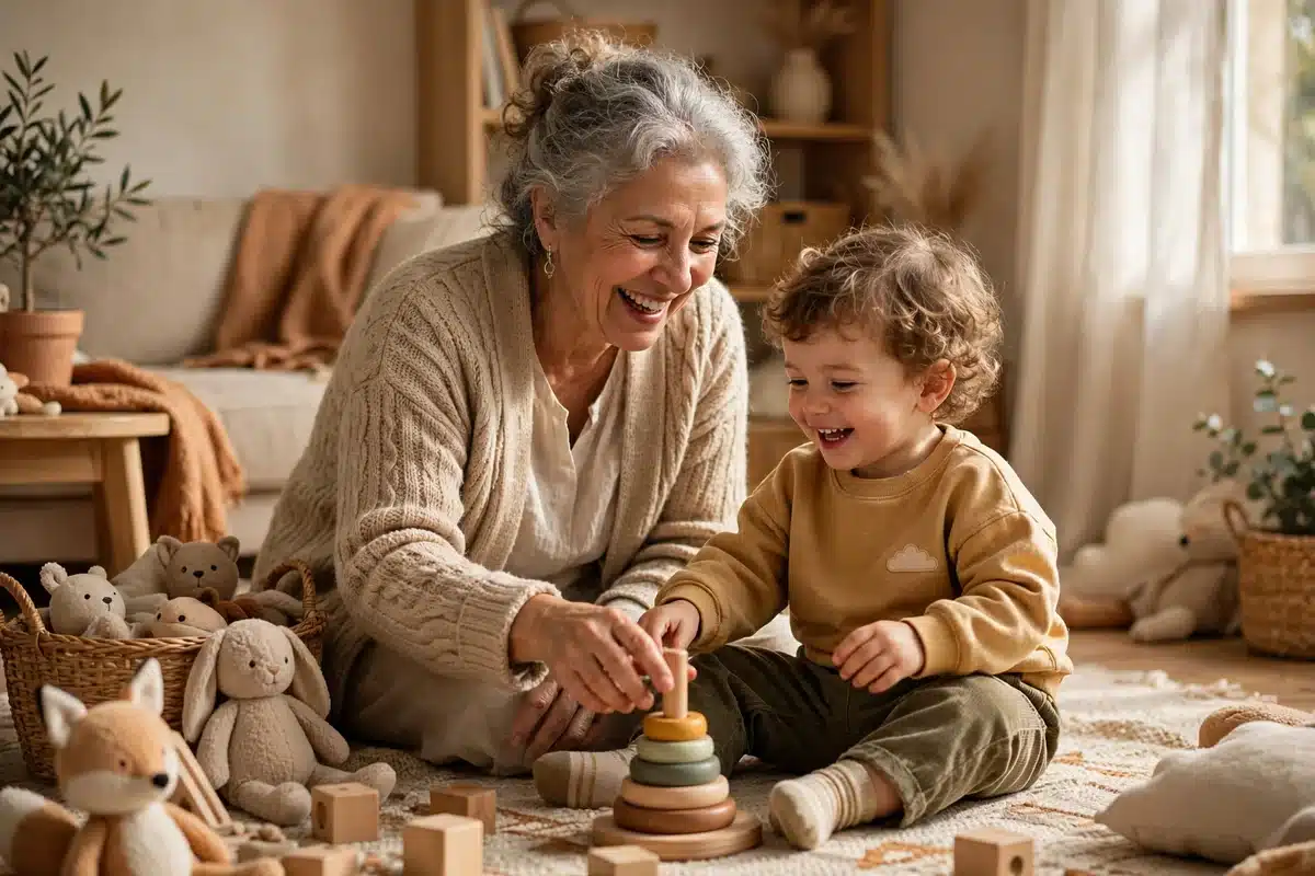 Grandmother figure playing happily with a toddler in a warm living room
