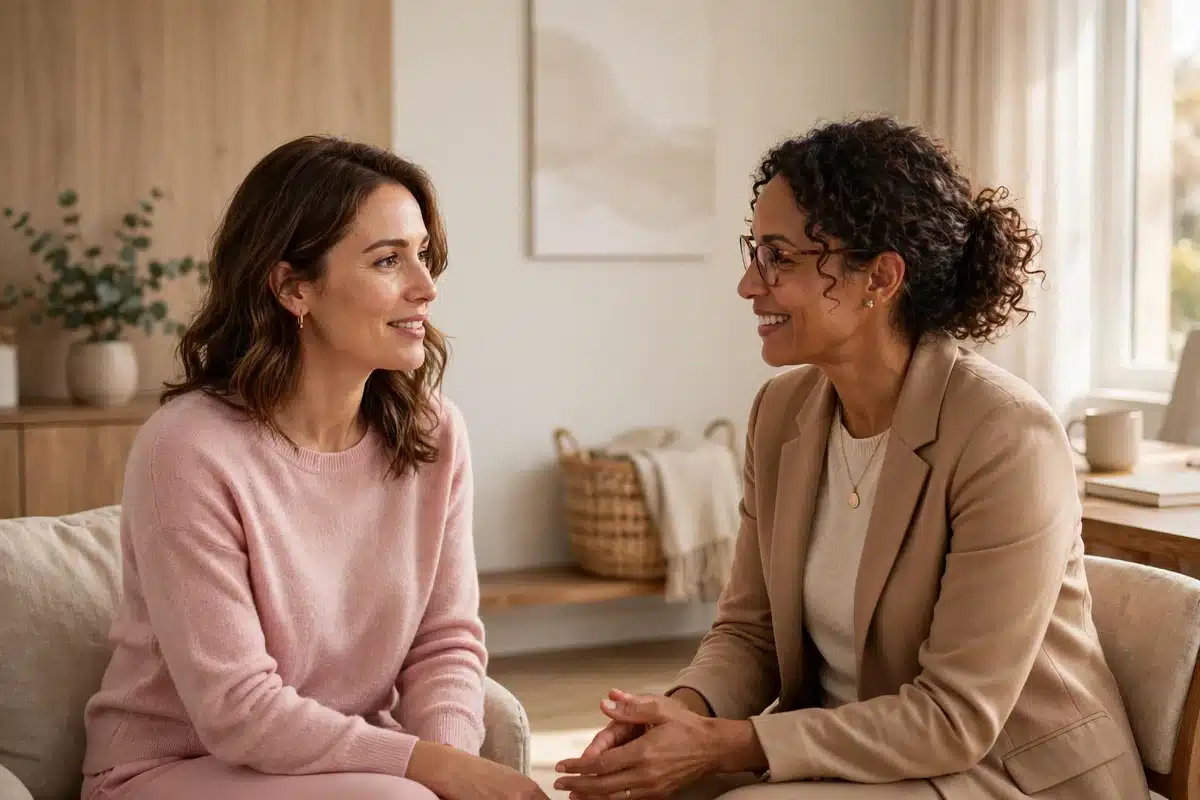 Woman having a warm conversation with a hospital social worker in a bright office