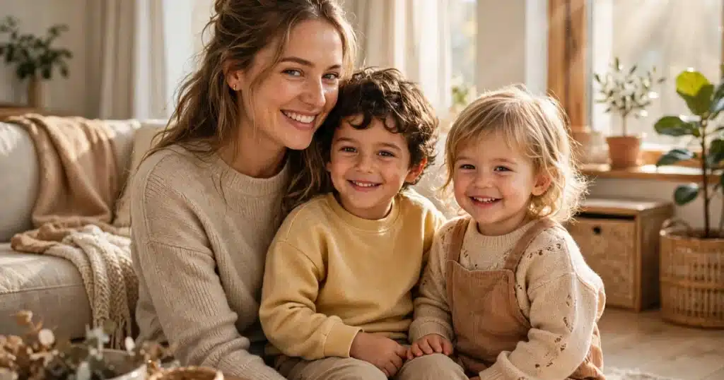 Young mother smiling warmly with two small children in a bright sunlit living room