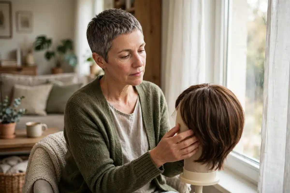 Photo of a woman in her 50s at home gently holding a wig on a stand by a bright window, considering her options