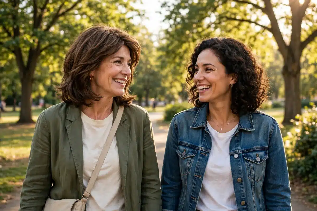 Photo of a woman in her 50s wearing a natural-looking wig, walking in a sunny park with a friend and smiling