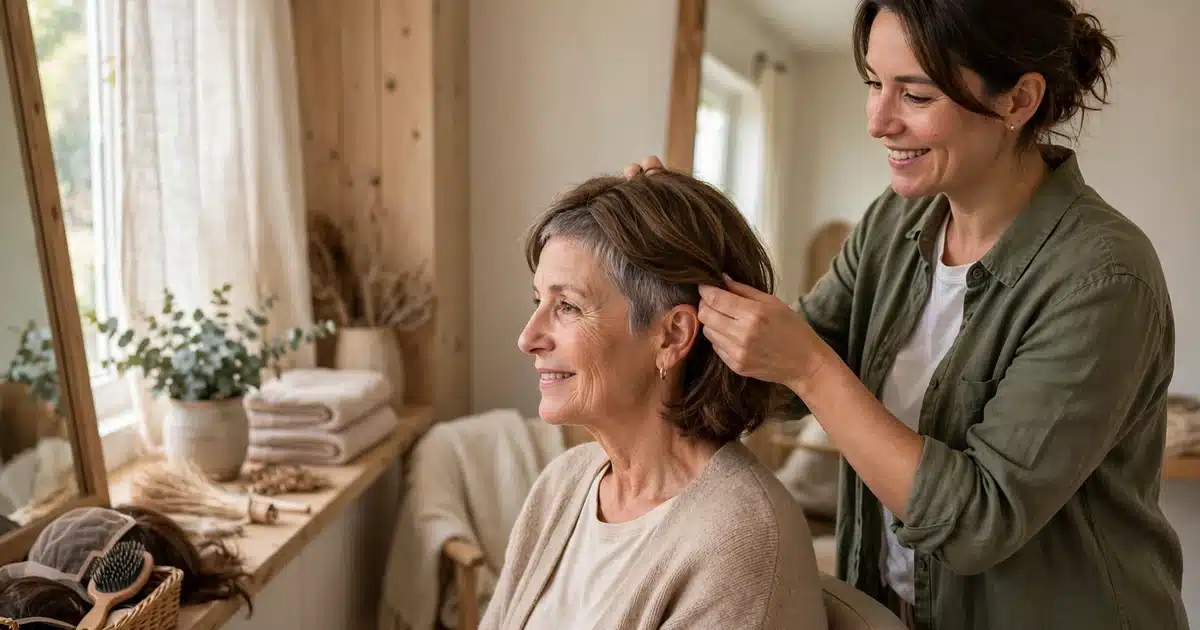 Photo of a woman in her 50s trying on a wig with the help of a friendly fitter in a bright, comfortable salon room