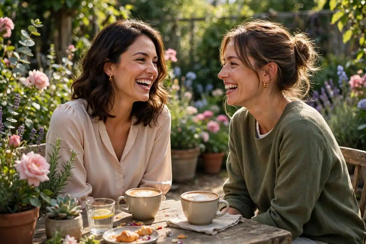 Two women friends laughing together over coffee in a sunny garden