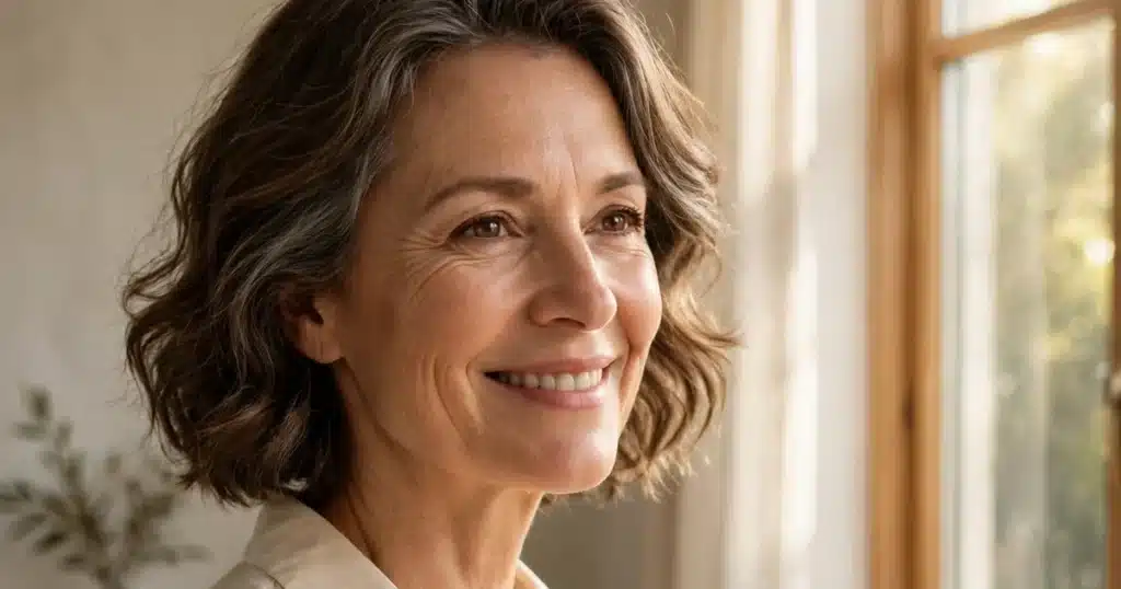 A smiling woman in her 50s wearing a soft elegant blouse, standing by a bright window with warm sunlight