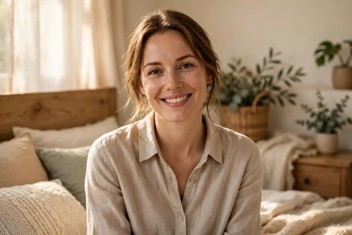 A woman in a soft button-down shirt smiling in a bright, cozy bedroom