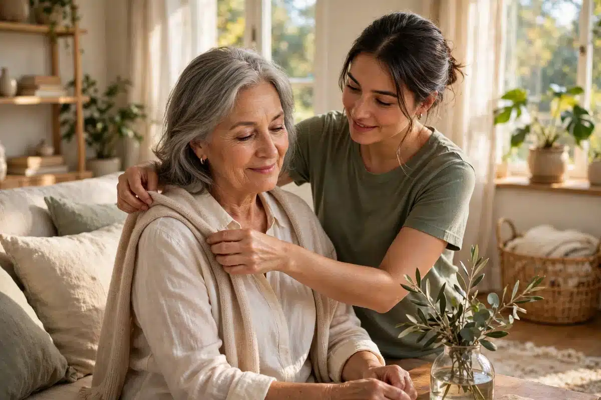 A daughter helping her mother adjust a soft cardigan in a sunny living room