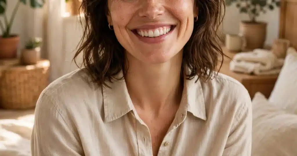 Woman in a soft button-down shirt smiling in a bright, cozy bedroom