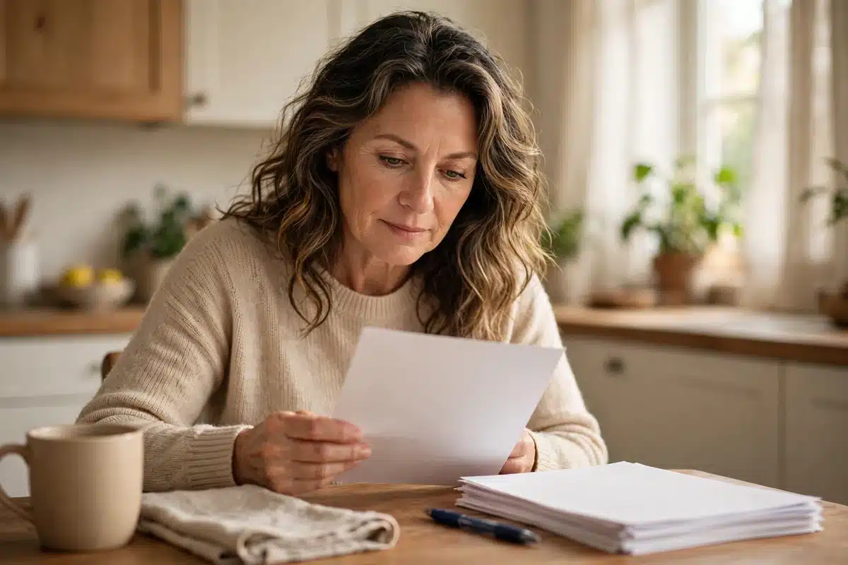 Photo of a woman in her 50s sitting at her kitchen table at home reading a plain letter, paperwork and a pen beside her