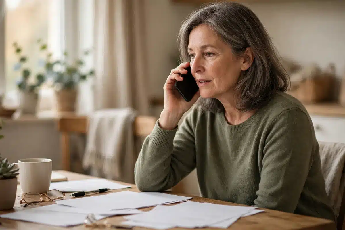 Photo of a woman in her 50s talking on the phone at home, plain paperwork spread on the table in front of her