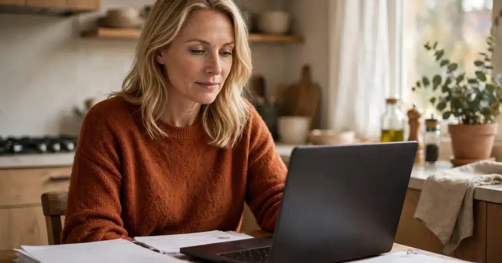 Photo of a woman in her 40s sitting at her kitchen table at home with a laptop and plain paperwork, calm and organized