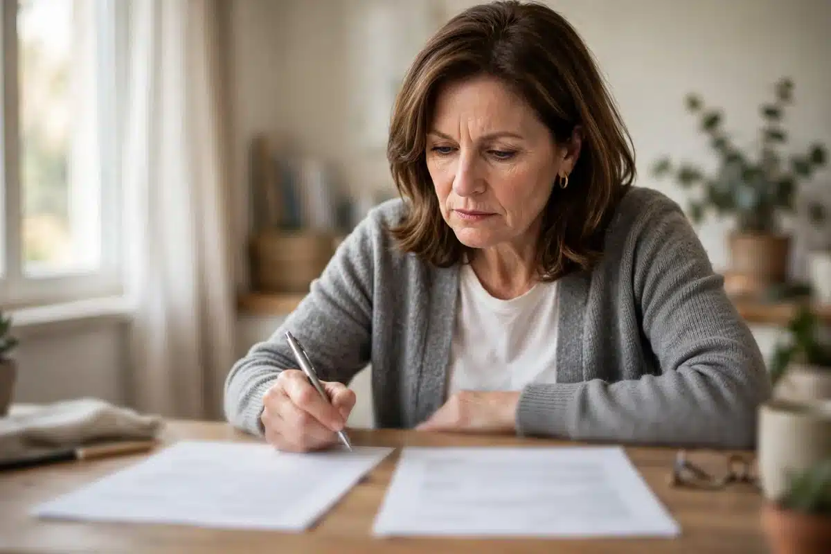 Photo of a woman comparing two insurance statements side by side at her desk