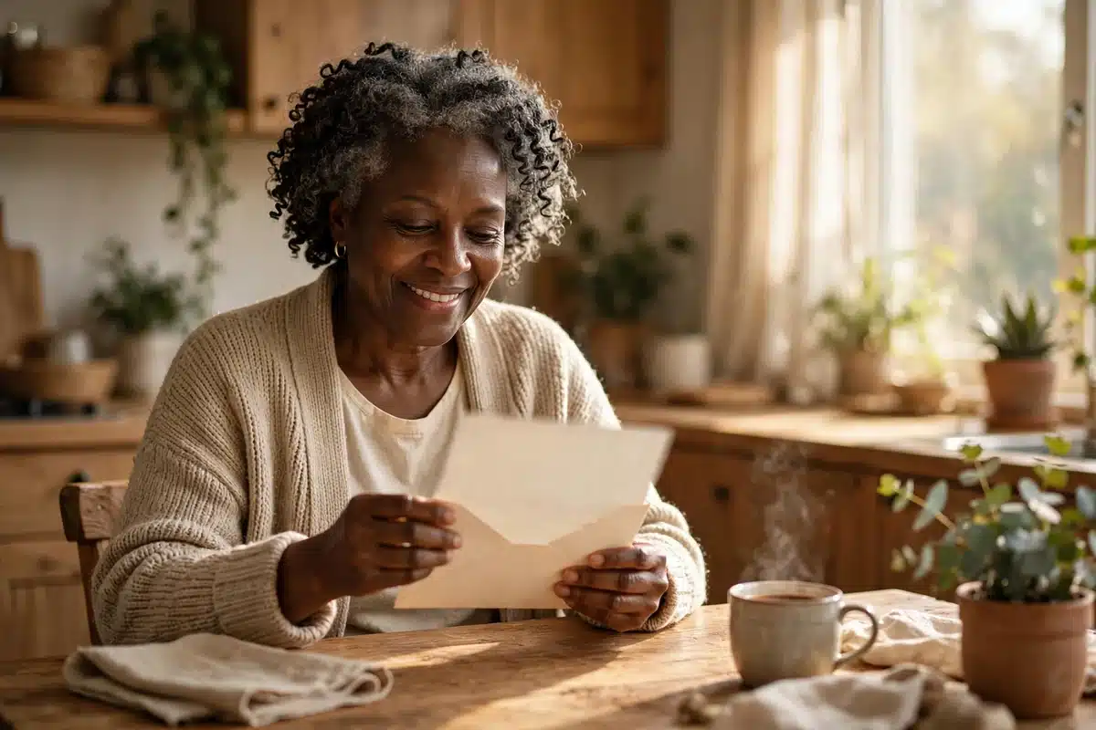 Photo of a woman smiling with relief as she opens a letter at her kitchen table