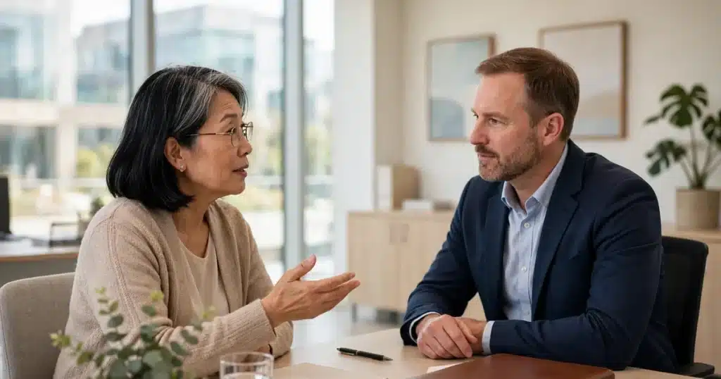 Photo of a woman asking a hospital financial counselor a question across a desk