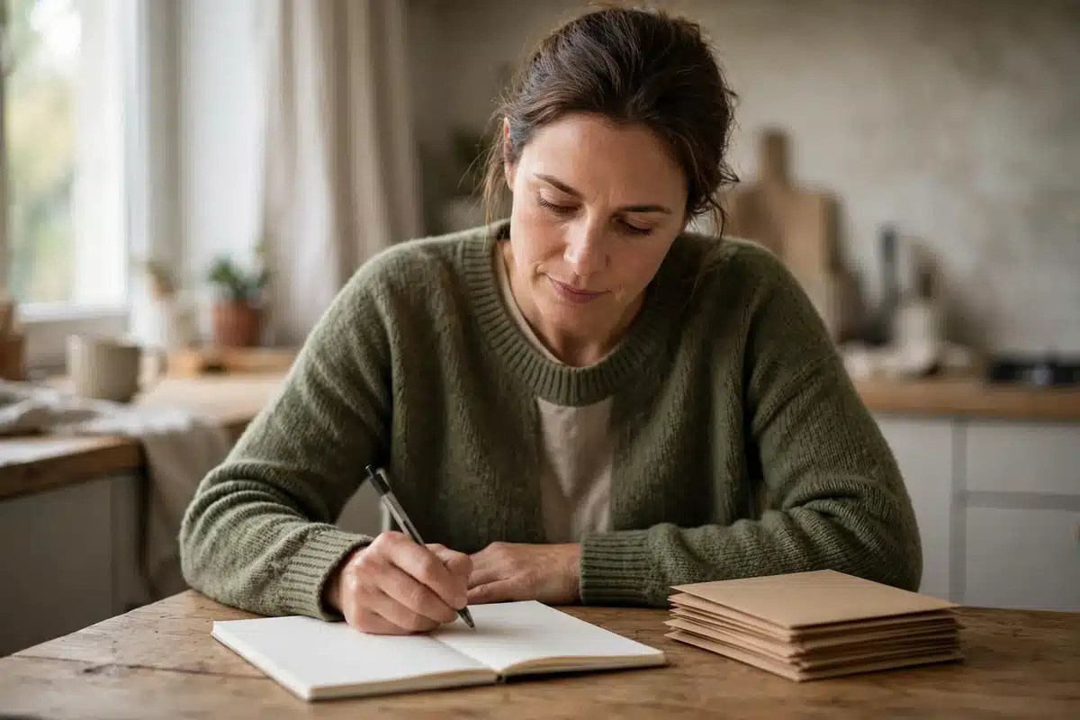 Photo of a woman in her 40s writing notes in a plain notebook beside a small stack of plain envelopes at her kitchen table at home in soft daylight